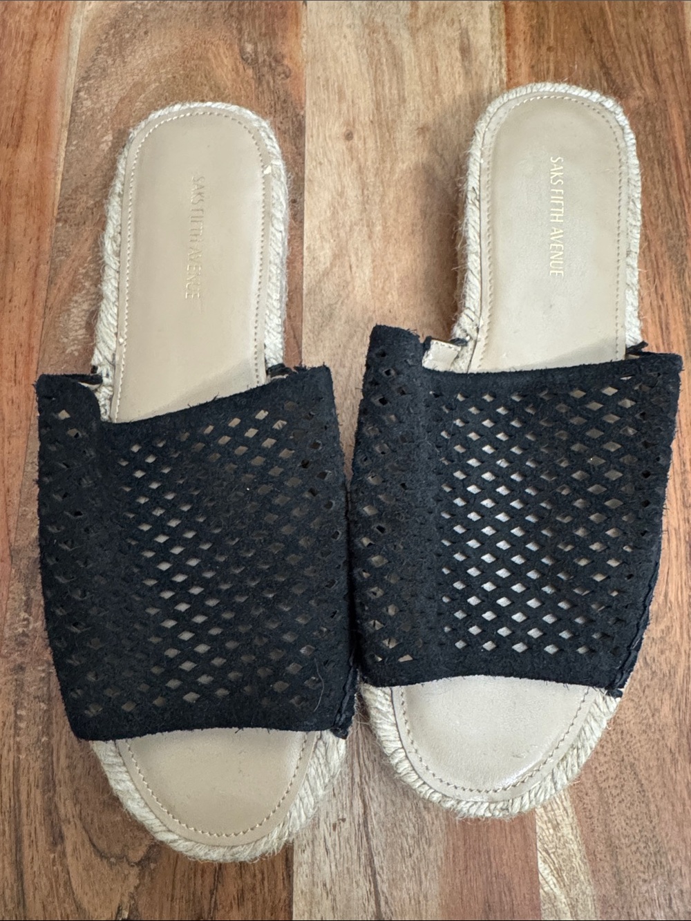 Saks Fifth Avenue Black Perforated Slide Sandals with Beige Footbed
